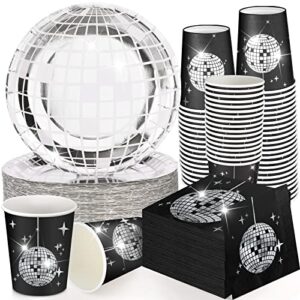 70s disco party supplies includes 50 pcs silver disco ball paper dinner plates 50 pcs disco paper cups 50 pcs disco party cocktail napkins for disco wedding party picnic travel (black and silver)