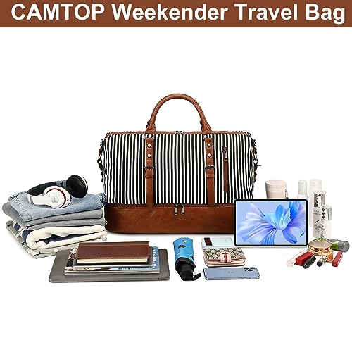 CAMTOP Weekender Bags for Women Travel Duffle Overnight Weekend Bag with Toiletry Bag and Shoe Compartment (50L,Stripes)