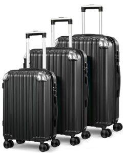 sunnytour expandable luggage sets with double spinner wheels, 3 piece hard suitcase set for short trips and long travel, black
