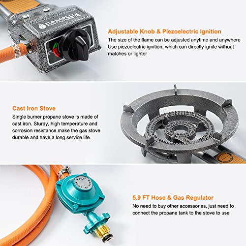 Camplux Propane Burner with 29,000 BTU, Single Burner Propane Stove with Regulator and 5.9ft Hose, Portable Gas Stove, Cast Iron Burner, Propane Wok Burner for Camping Outdoor Cooking