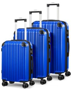 sunnytour expandable luggage sets with double spinner wheels, 3 piece hard suitcase set for short trips and long travel, blue
