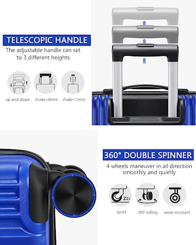 SunnyTour Expandable Luggage Sets with Double Spinner Wheels, 3 Piece Hard Suitcase Set for Short Trips and Long Travel, Blue