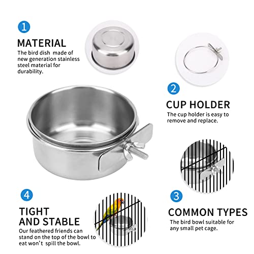 2pcs VVNIAA Stainless Steel Bird Bowls with Clamp, Durable Water Bowl, Feeding Cups, Chinchilla Food Bowl, Bird Dishes for Cage, Bird Cage Feeders and Waterers