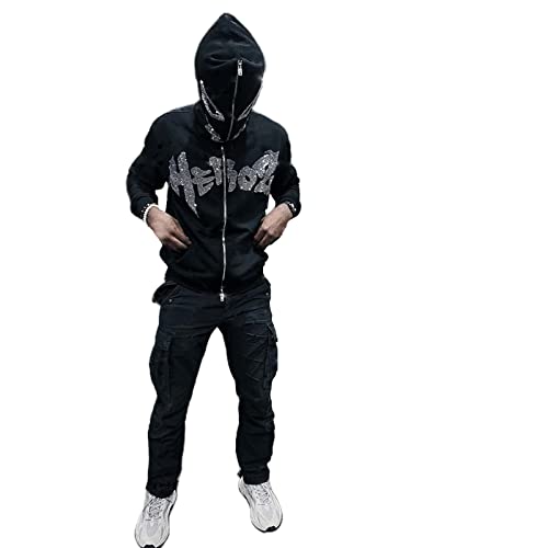 Y2k Black Rhinestone Zip Up Hoodie Women Oversized Sweatshirt Grunge Aesthetic Hoodies Men Casual Jackets Streetwears