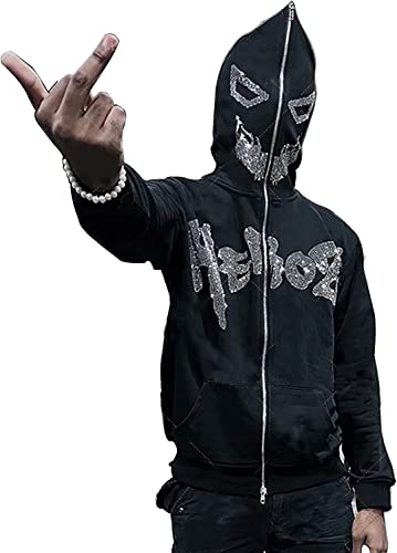 Y2k Black Rhinestone Zip Up Hoodie Women Oversized Sweatshirt Grunge Aesthetic Hoodies Men Casual Jackets Streetwears