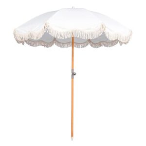 funsite 6.5ft boho beach umbrella with fringe, upf 50+ tassel umbrellas with carry bag, premium wood pole foldable patio umbrella for outdoor holiday garden lawn pool yard table, white