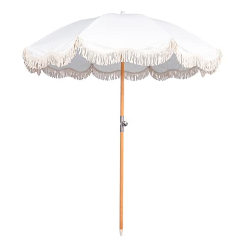 Funsite 6.5ft Boho Beach Umbrella with Fringe, UPF 50+ Tassel Umbrellas with Carry Bag, Premium Wood Pole Foldable Patio Umbrella for Outdoor Holiday Garden Lawn Pool Yard Table, White