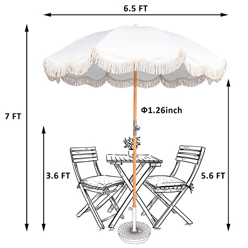 Funsite 6.5ft Boho Beach Umbrella with Fringe, UPF 50+ Tassel Umbrellas with Carry Bag, Premium Wood Pole Foldable Patio Umbrella for Outdoor Holiday Garden Lawn Pool Yard Table, White