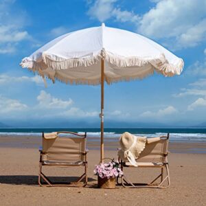 Funsite 6.5ft Boho Beach Umbrella with Fringe, UPF 50+ Tassel Umbrellas with Carry Bag, Premium Wood Pole Foldable Patio Umbrella for Outdoor Holiday Garden Lawn Pool Yard Table, White