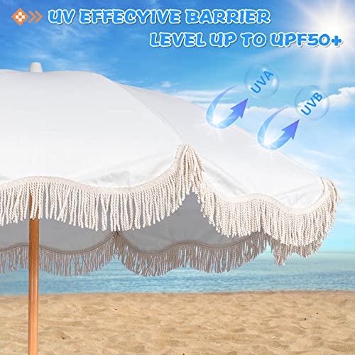 Funsite 6.5ft Boho Beach Umbrella with Fringe, UPF 50+ Tassel Umbrellas with Carry Bag, Premium Wood Pole Foldable Patio Umbrella for Outdoor Holiday Garden Lawn Pool Yard Table, White