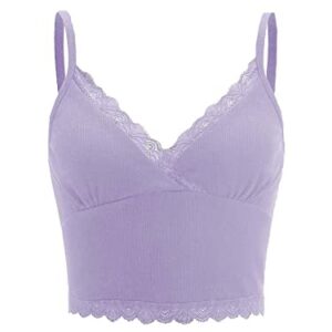 MakeMeChic Women's Y2K Lace Trim V Neck Sleeveless Cami Crop Top Camisole Lilac Purple XS