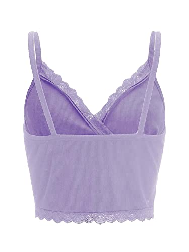 MakeMeChic Women's Y2K Lace Trim V Neck Sleeveless Cami Crop Top Camisole Lilac Purple XS