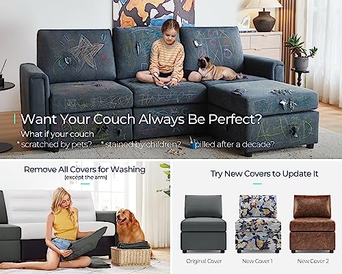 LINSY HOME Modular Sofa, Sectional Couch U Shaped Sofa Couch with Storage, Memory Foam, 6 Seat Modular Sectionals Sofa Couch with Chaise for Living Room, Dark Grey