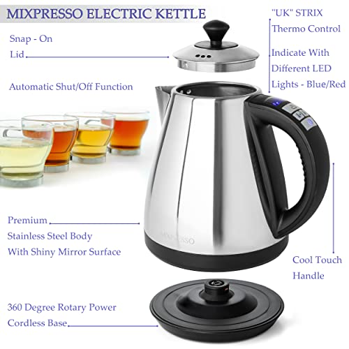 Mixpresso Electric Kettle Temperature Control, Hot Water Kettle Electric, Cordless 1 Liter Capacity, Keep Warm & LED Indicator, Auto-Shutoff, Boil-Dry Protection, Stainless Steel Electric Kettle