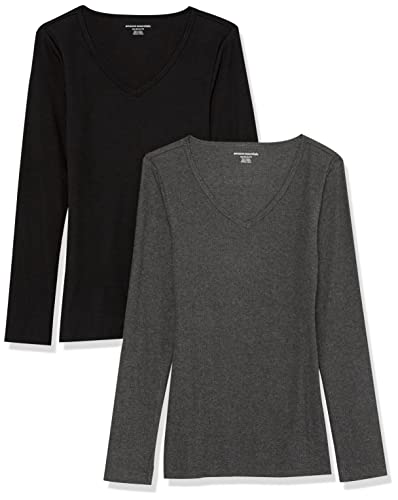 Amazon Essentials Women's Slim-Fit Layering Long Sleeve Knit Rib V-Neck (Available in Plus Size), Pack of 2, Black/Charcoal Heather, Small