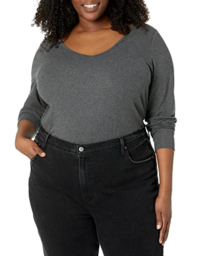 Amazon Essentials Women's Slim-Fit Layering Long Sleeve Knit Rib V-Neck (Available in Plus Size), Pack of 2, Black/Charcoal Heather, Small