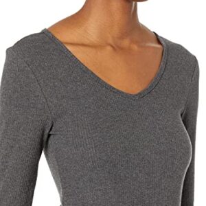 Amazon Essentials Women's Slim-Fit Layering Long Sleeve Knit Rib V-Neck (Available in Plus Size), Pack of 2, Black/Charcoal Heather, Small