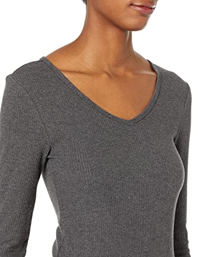 Amazon Essentials Women's Slim-Fit Layering Long Sleeve Knit Rib V-Neck (Available in Plus Size), Pack of 2, Black/Charcoal Heather, Small