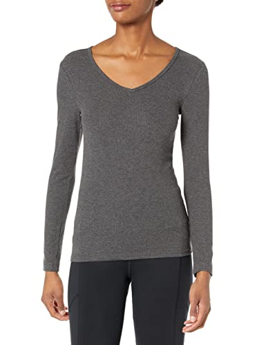 Amazon Essentials Women's Slim-Fit Layering Long Sleeve Knit Rib V-Neck (Available in Plus Size), Pack of 2, Black/Charcoal Heather, Small