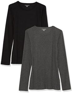 amazon essentials women's slim-fit layering long sleeve knit rib crew neck (available in plus size), pack of 2, black/charcoal heather, large