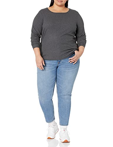 Amazon Essentials Women's Slim-Fit Layering Long Sleeve Knit Rib Crew Neck (Available in Plus Size), Pack of 2, Black/Charcoal Heather, Large