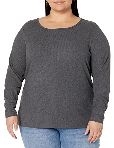 Amazon Essentials Women's Slim-Fit Layering Long Sleeve Knit Rib Crew Neck (Available in Plus Size), Pack of 2, Black/Charcoal Heather, Large