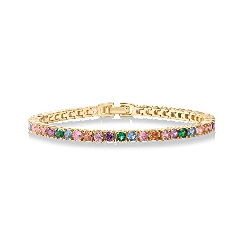 PAVOI 14K Gold Plated 3mm Multicolored CZ Tennis Bracelet | Bracelet for Women | Yellow Gold Bracelets for Women | 6.5 Inches