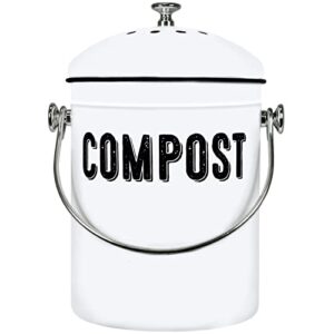 modern white farmhouse compost bin for kitchen, indoor compost bin, countertop compost bin with lid and non smell charcoal filter.