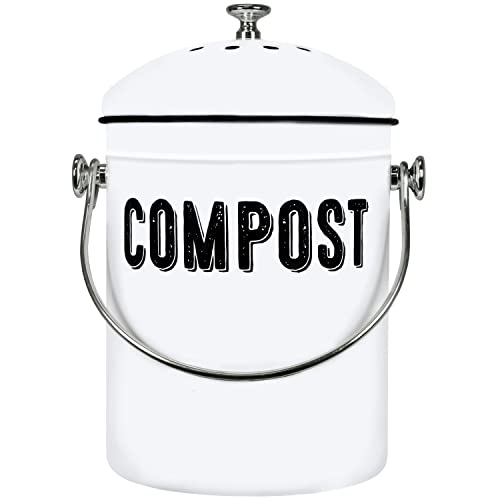 Modern white Farmhouse compost bin for kitchen, indoor compost bin, countertop compost bin with lid and Non smell charcoal Filter.