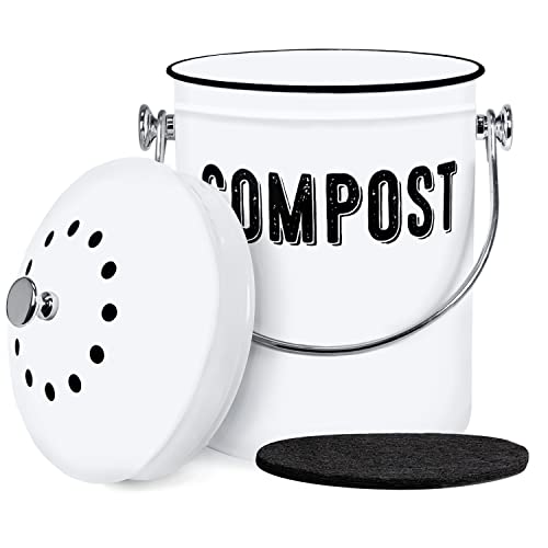 Modern white Farmhouse compost bin for kitchen, indoor compost bin, countertop compost bin with lid and Non smell charcoal Filter.