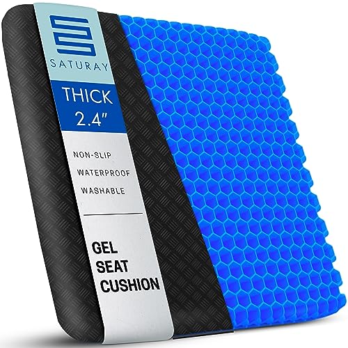 SATURAY Extra Thick 2.4" Gel Seat Cushion - Hip, Tailbone, Sciatica, Pressure Sores - Wheelchair, Desk, Car Seat Pad - Gel Seat Cushions for Pressure Relief - Office Seat Cushion