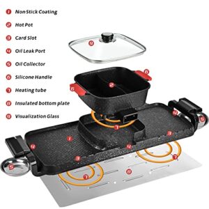 GELTTULU Hot Pot with Grill, 2700W 3 in 1 Electric Korean BBQ Grill Smokeless and Separable Hot Pot for 7-10 People, Dual Temperature Control, 5 Speed Adjustable, Oil Spill Dish for Simmer,Fry, Roast, Black