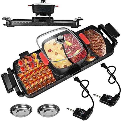 GELTTULU Hot Pot with Grill, 2700W 3 in 1 Electric Korean BBQ Grill Smokeless and Separable Hot Pot for 7-10 People, Dual Temperature Control, 5 Speed Adjustable, Oil Spill Dish for Simmer,Fry, Roast, Black