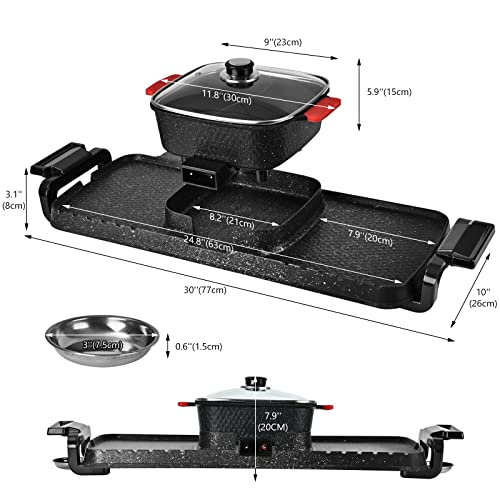 GELTTULU Hot Pot with Grill, 2700W 3 in 1 Electric Korean BBQ Grill Smokeless and Separable Hot Pot for 7-10 People, Dual Temperature Control, 5 Speed Adjustable, Oil Spill Dish for Simmer,Fry, Roast, Black