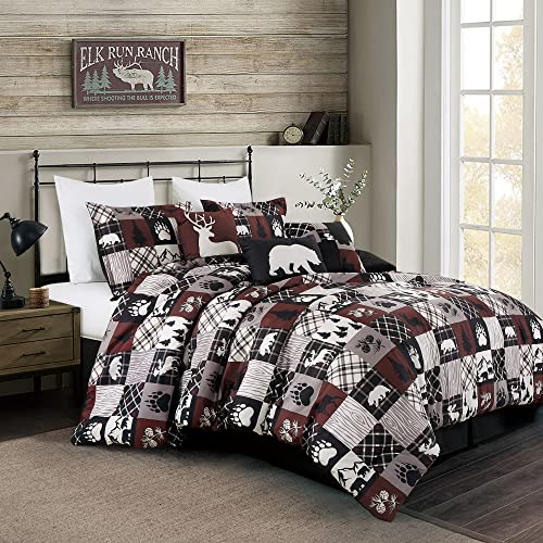 Chezmoi Collection Vista 7-Piece Southwestern Cabin Lodge Comforter Set - Red White Black Gray Grizzly Bear Pinecone Tree Moose Printed Microfiber Bedding, California King