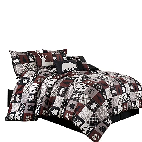 Chezmoi Collection Vista 7-Piece Southwestern Cabin Lodge Comforter Set - Red White Black Gray Grizzly Bear Pinecone Tree Moose Printed Microfiber Bedding, California King