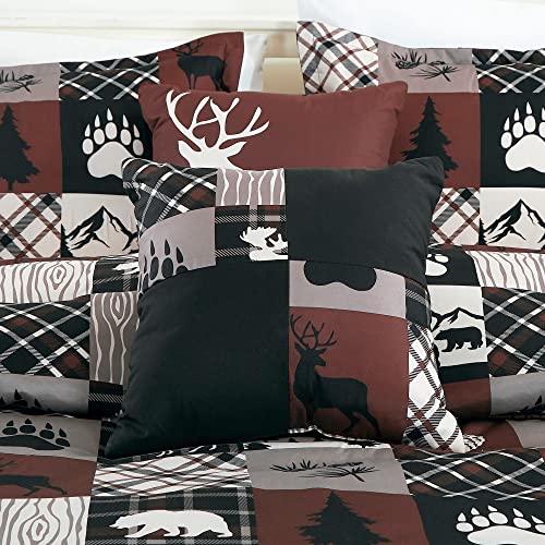 Chezmoi Collection Vista 7-Piece Southwestern Cabin Lodge Comforter Set - Red White Black Gray Grizzly Bear Pinecone Tree Moose Printed Microfiber Bedding, California King