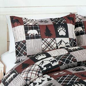 Chezmoi Collection Vista 7-Piece Southwestern Cabin Lodge Comforter Set - Red White Black Gray Grizzly Bear Pinecone Tree Moose Printed Microfiber Bedding, California King