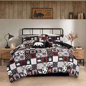 Chezmoi Collection Vista 7-Piece Southwestern Cabin Lodge Comforter Set - Red White Black Gray Grizzly Bear Pinecone Tree Moose Printed Microfiber Bedding, California King