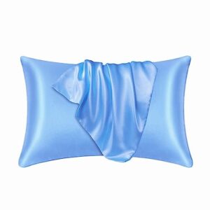luxury satin silk pillow case 2 pack pillowcase for hair and skin satin pillow covers with zipper closure (standard(20"x26"), light blue)