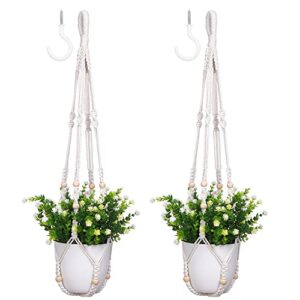 yibot 2 pack macrame plant hanger indoor hanging planter basket with wood beads decorative flower pot holder no tassels for indoor outdoor boho home decor 35 inch, ivory