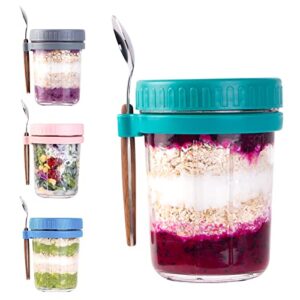 overnight oats containers with lids and spoon, 4 pack mason jars, 16 oz glass container to go for chia pudding yogurt salad cereal meal prep