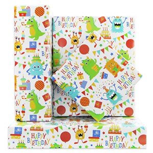 happy birthday little monsters wrapping paper set of 4 sheets folded flat 20x28 inches per sheet for boys kids girls men women, colorful gift wrap paper for all birthday party baby shower kindergarten celebrating occasions