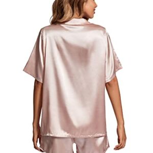 LYANER Women's Satin Silk Pajama Set Collar Short Sleeve Shirt with Shorts PJ Loungewear Pink X-Large