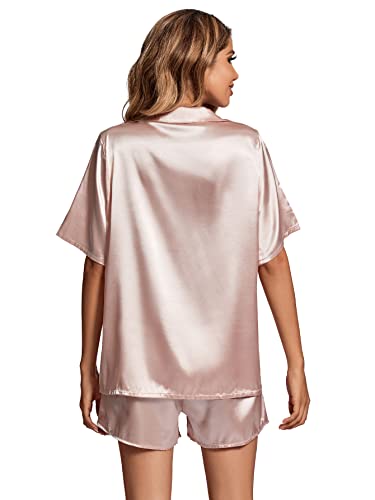 LYANER Women's Satin Silk Pajama Set Collar Short Sleeve Shirt with Shorts PJ Loungewear Pink X-Large