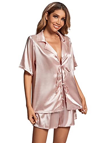 LYANER Women's Satin Silk Pajama Set Collar Short Sleeve Shirt with Shorts PJ Loungewear Pink X-Large