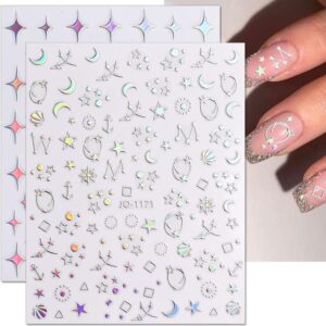 9 Sheets Aurora Holographic Nail Art Stickers Decals Self-Adhesive Pegatinas Uñas Stars Moon Glitter Nail Supplies Nail Art Design Decoration Accessories