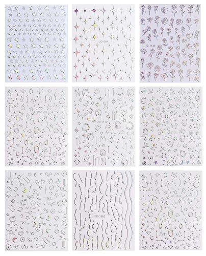 9 Sheets Aurora Holographic Nail Art Stickers Decals Self-Adhesive Pegatinas Uñas Stars Moon Glitter Nail Supplies Nail Art Design Decoration Accessories