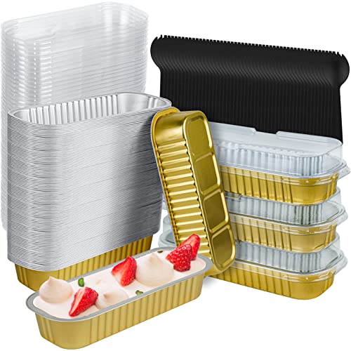 TECHMUR Mini Loaf Pans with Lids, 50 PC Aluminum Foil Disposable Baking Pans 6.8oz Rectangle Mini Cake Pans Cupcake Baking Cups For Cake Dessert Loaf Gold