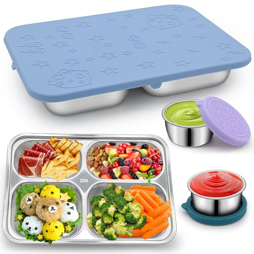 Bento Lunch Box Stainless Steel Lunch Container for Kids, Reusable 4Compartments Metal Lunch Boxes Leakproof Food Meal Prep Lunch Containers for Kids,2P Dip Containers,Dishwasher,Freezer Safe,BPA-Free